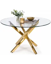 Okrągły szklany stół na złotej podstawie glamour - Amira w sklepie Edinos.pl