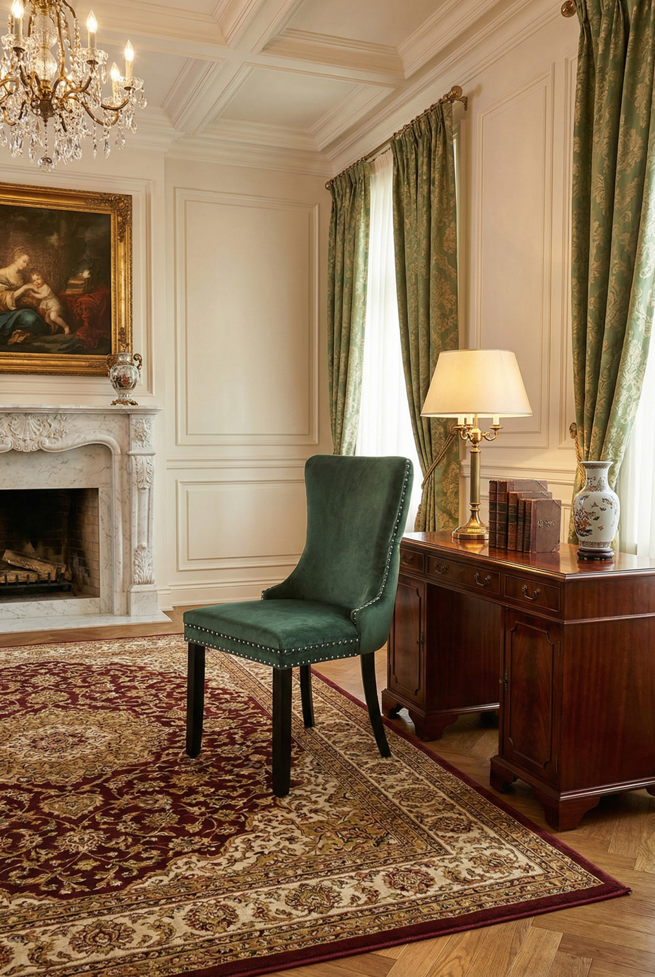 Aranżacja wnętrza klasycznego z zielonym stylowym krzesłem Knobby