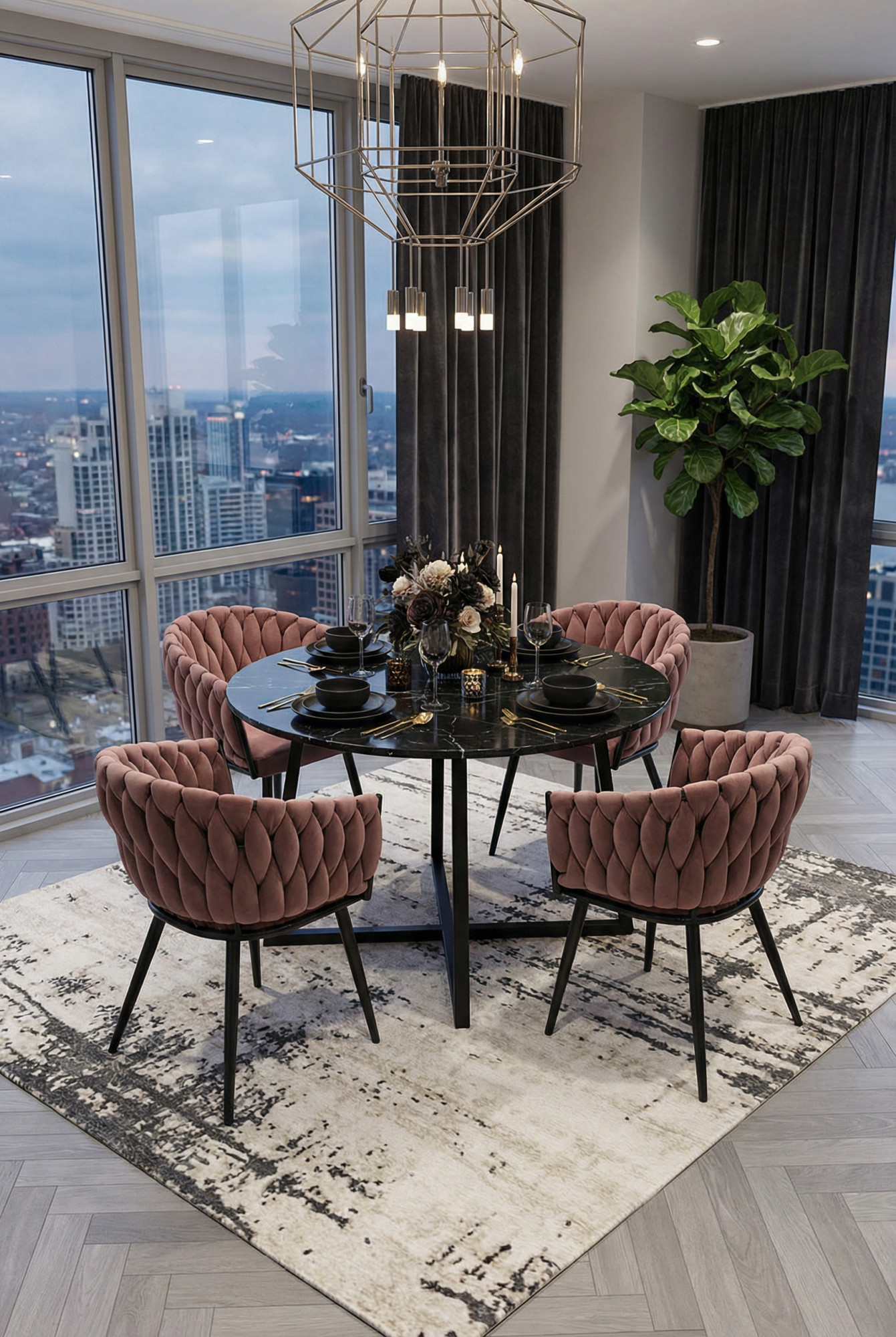 Aranżacja wnętrza z ciemnoróżowym krzesłem plecionym Giberdi