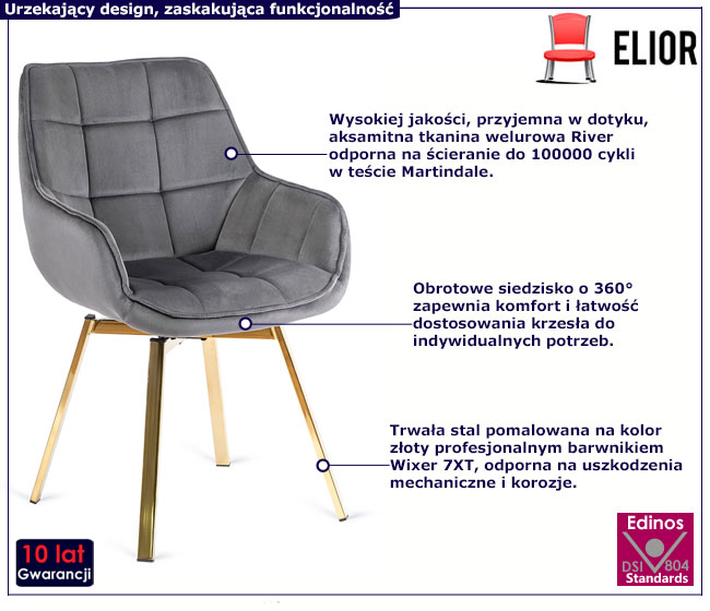 Szare obrotowe krzesło fotelowe na złotych nogach Remmir