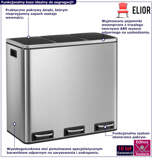 Stalowy srebrny potrójny kosz na śmieci Sefilo