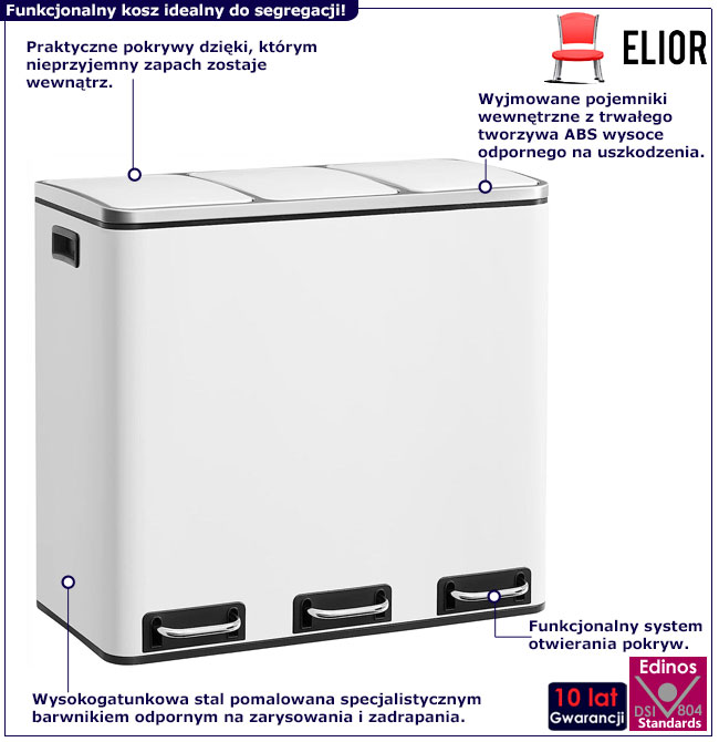 Biały potrójny kosz na śmieci Sefilo