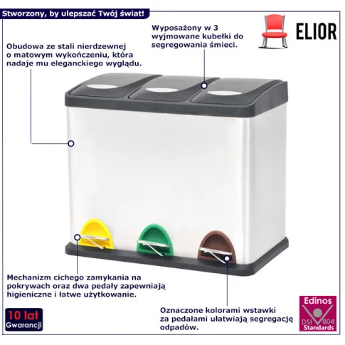 Stalowy śmietnik z 3 komorami Devios 5X