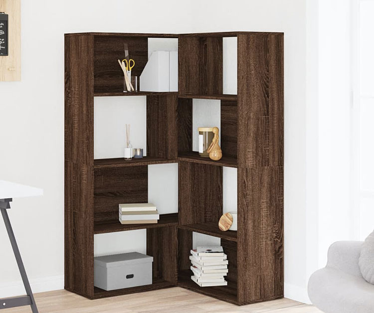 Narożny regał otwarty 4-poziomowy Zorpa brązowy dąb