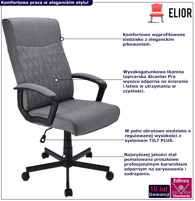 Szary tapicerowany fotel obrotowy pikowany Lemur 3X