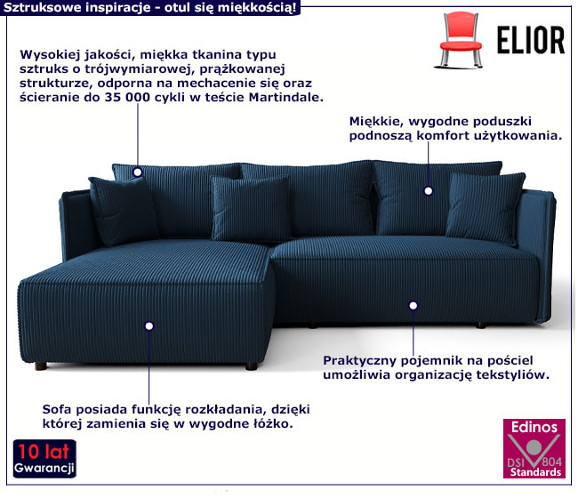 Granatowa rozkładana sofa narożna Oreza