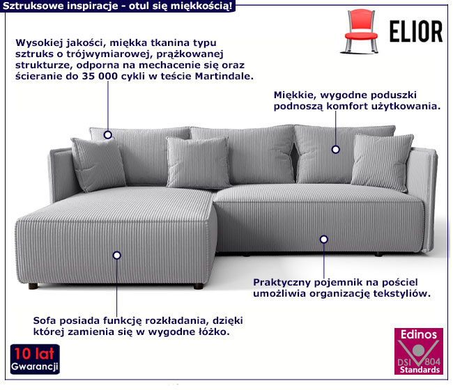 Jasnoszara rozkładana sofa narożna Tentis