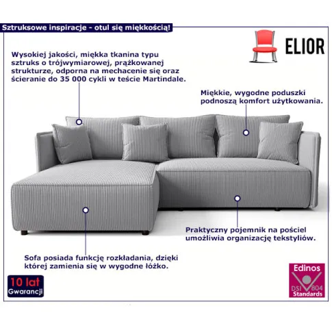 Szara rozkładana sofa z pojemnikiem Oreza