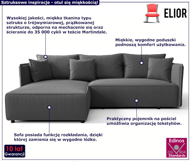 Grafitowa rozkładana sofa narożna Oreza