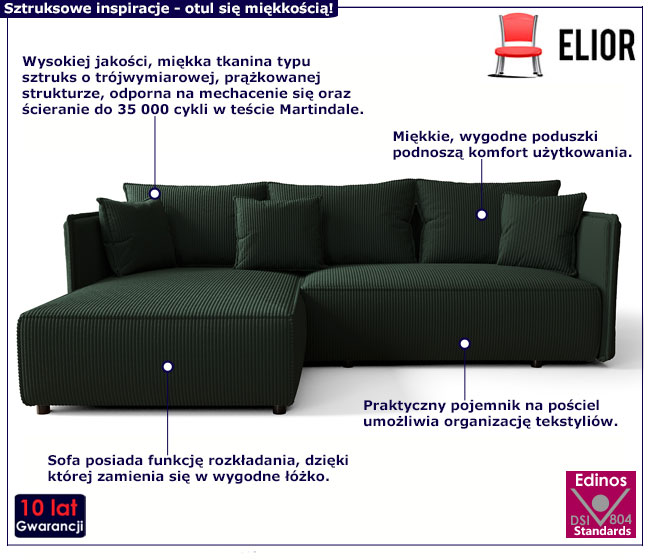 Zielona rozkładana sofa narożna Bambi