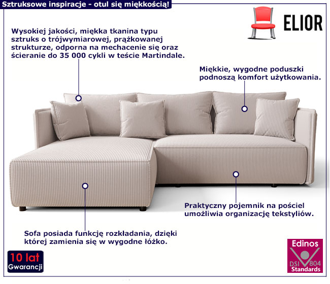 Waniliowa rozkładana sofa narożna Bambi