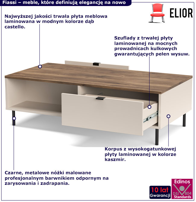 Ława kawowoa na nóżkach z szufladami Milox 6X kaszmir + dąb castello