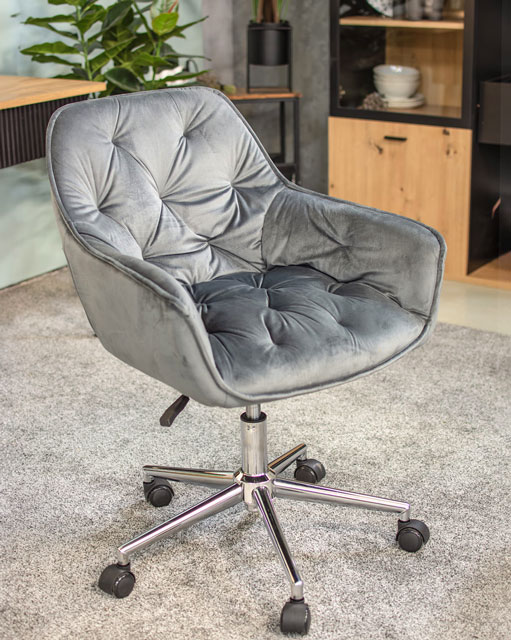 Wizualizacja szarego pikowanego krzesła welurowego na kółkach Anlo 3X