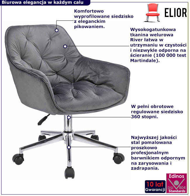 Szare pikowane krzesło obrotowe welurowe Anlo 3X