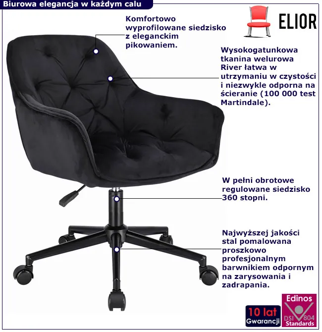 Czarny pikowany fotel biurowy Anlo 4X
