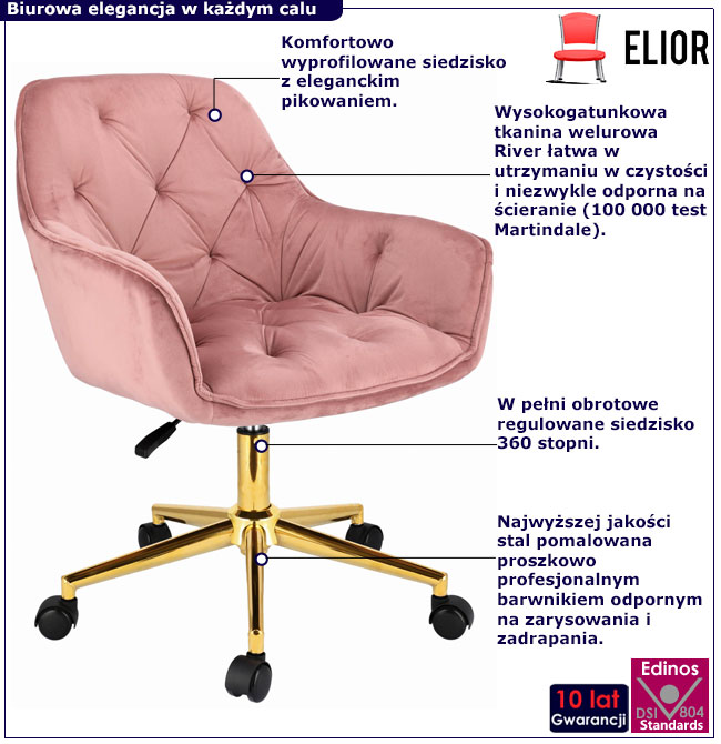 Różowy pikowany fotel obrotowy glamour Anlo 5X