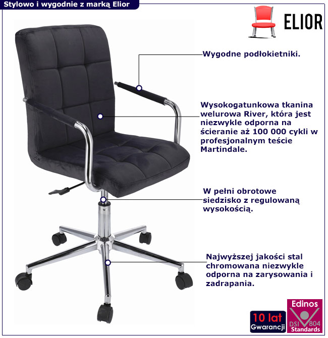 Czarne welurowe krzesło biurowe z podłokietnikami Alkatra 4X