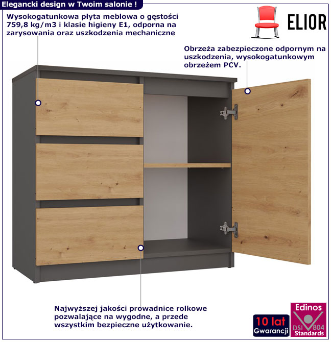 Komoda z szufladami i szafką Promesos 3X antracyt + dąb artisan