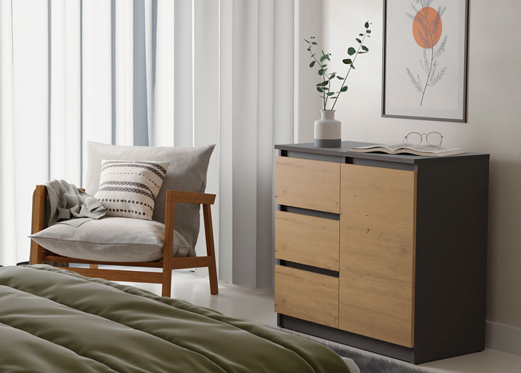 Przykładowe wykorzystanie komody antracyt + dąb artisan Promesos 3X