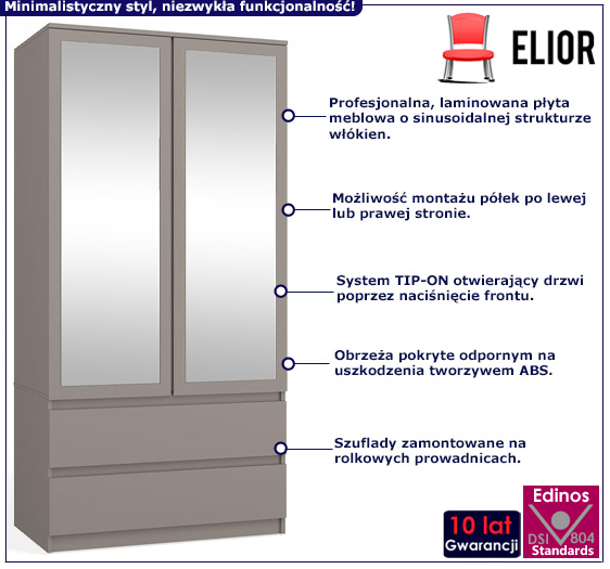 Minimalistyczna szafa ubraniowa z lustrami Figra glina