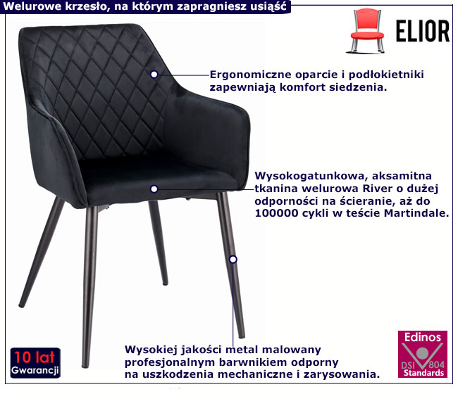 Czarne krzesło welurowe pikowane Enako