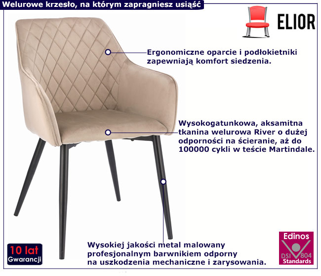 Beżowe krzesło welurowe pikowane Enako