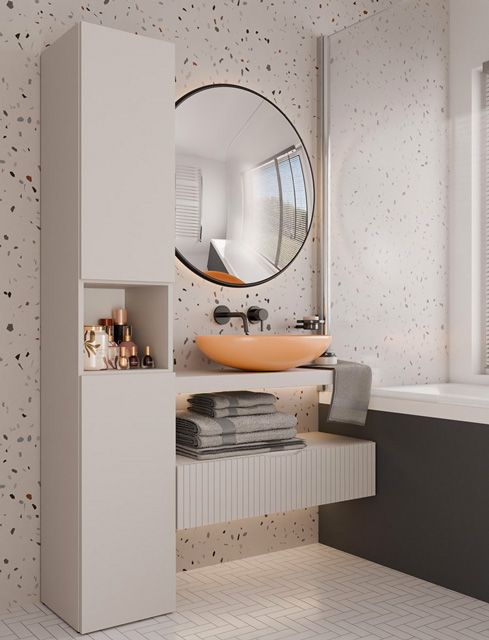 Wizualizacja łazienki z wykorzystaniem słupka łazienkowego Zolia 5X kaszmir