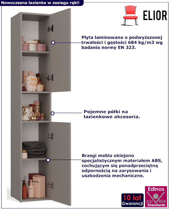 Wąska szafka słupek łazienkowy zamykany Ulissa 5X glina