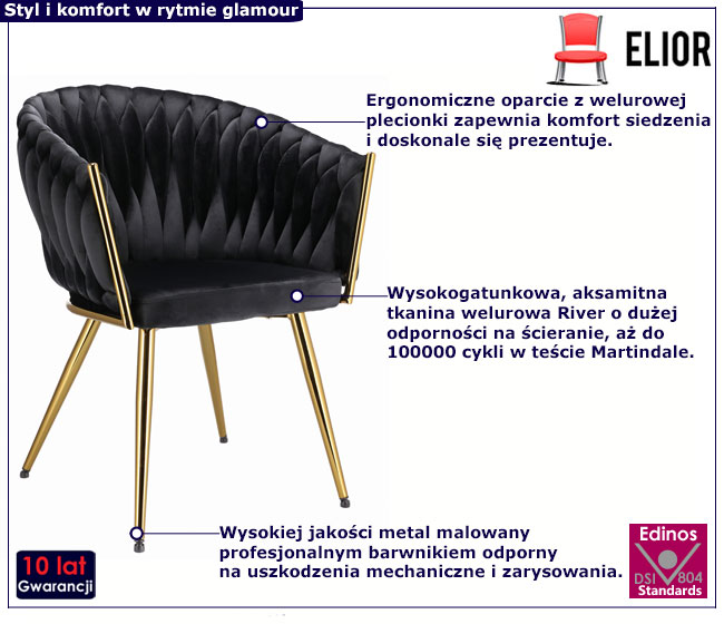 Czarne plecione krzesło glamour z podłokietnikami Azrel