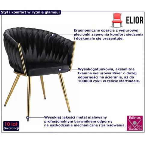 czarne krzesło glamour z plecionka welurową Azan
