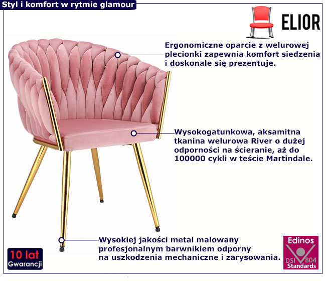 Różowe plecione krzesło glamour z podłokietnikami Azrel