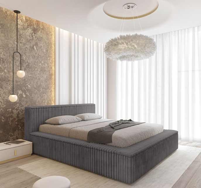 Sypialnia z wykorzystaniem szarego łóżka pluszowego sztruksowego Sanser