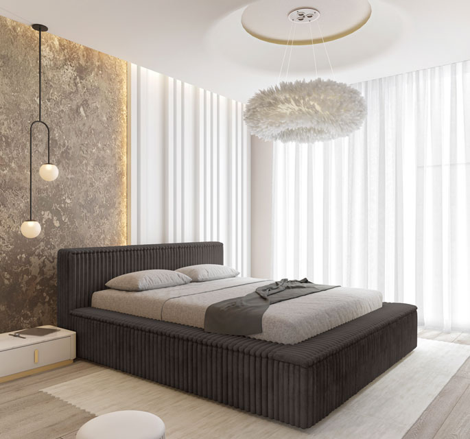 Sypialnia z wykorzystaniem czarnego łóżka pluszowego sztruksowego Sanser