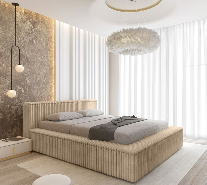 Sypialnia z wykorzystaniem beżowego łóżka pluszowego sztruksowego Sanser