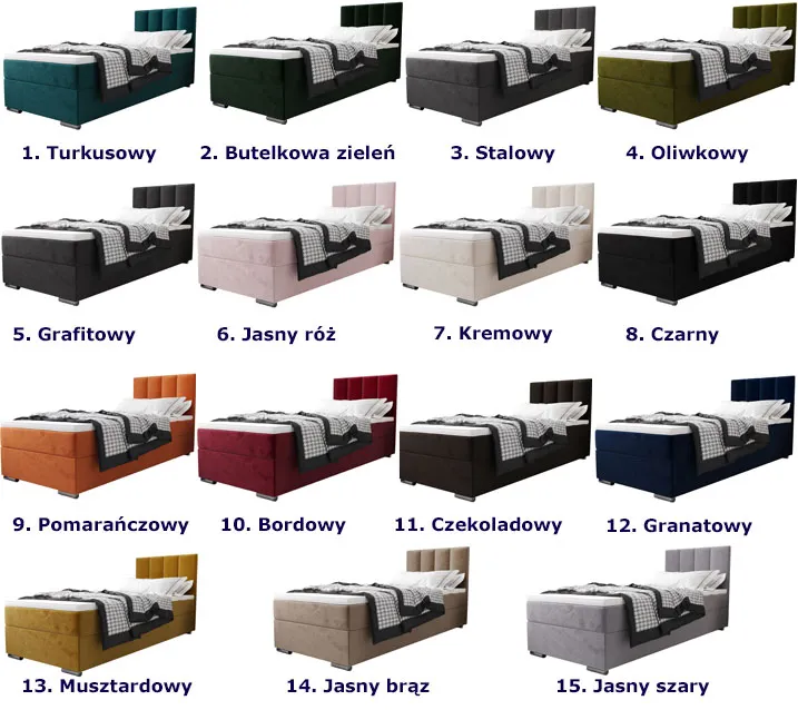 Kolory jednoosobowego łóżka pluszowego Tisano 5X