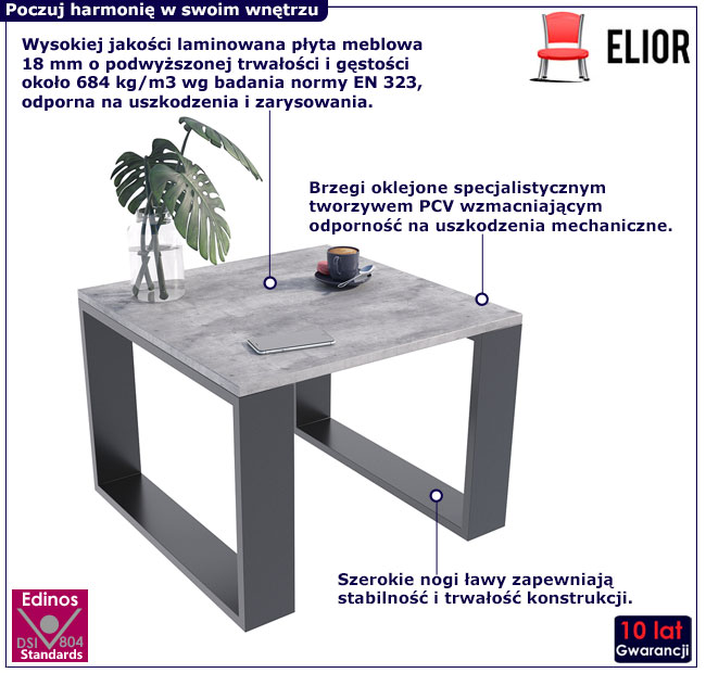 Kwadratowa loftowa ława kawowa beton+czarny Juna 5X