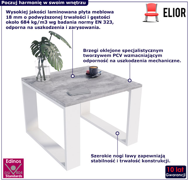 Kwadratowa loftowa ława kawowa beton+biały Juna 5X