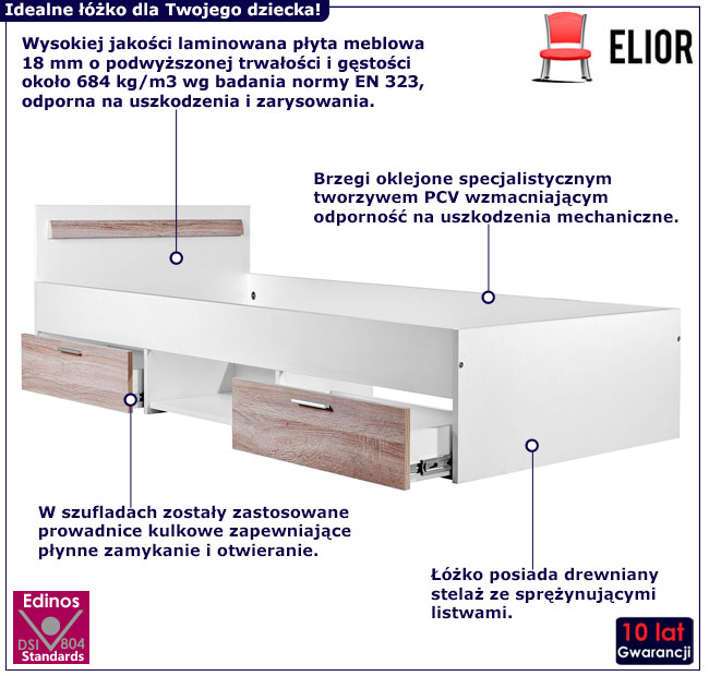 Nowoczesne łóżko dziecięce z szufladami 90x200 Ohlo