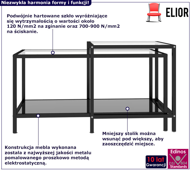 Zestaw stolików Eloma przezroczysty+czarny