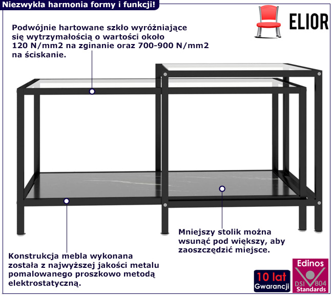 Zestaw stolików Eloma przezroczysty+czarny marmur