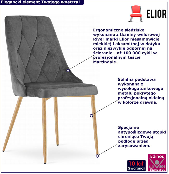 Ciemnoszare pikowane krzesło welurowe Solva