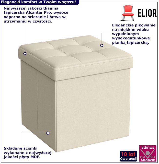 Kremowa tapicerowana pufa pikowana Romina