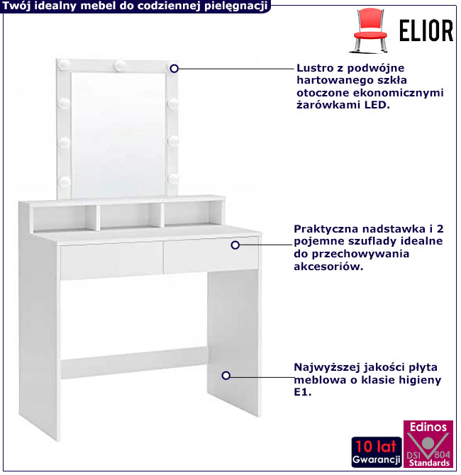 Biała toaletka z lustrem z lampkami Wingo