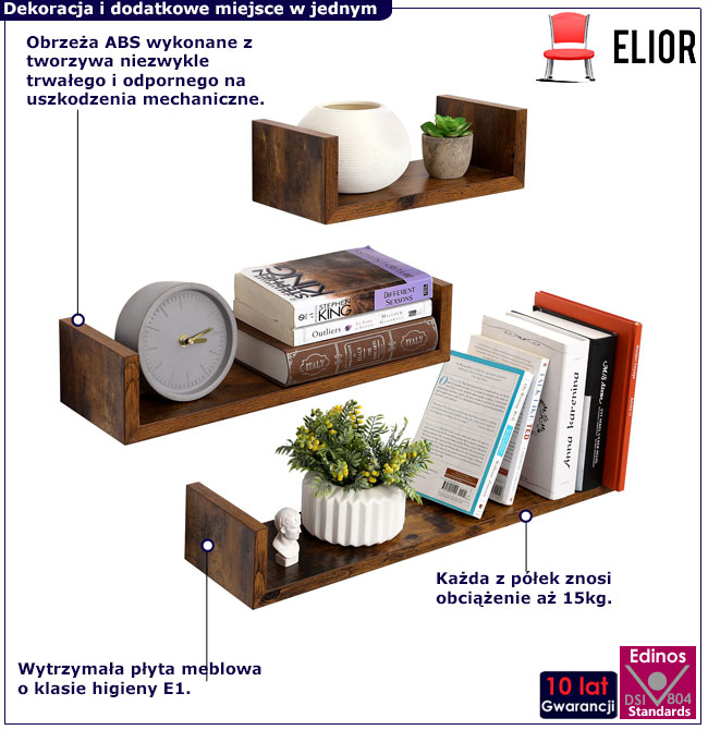 Zestaw 3 półek ściennych rustykalnych Quixo