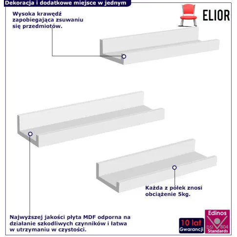 Komplet 3 półek wiszących Aliew biały połysk