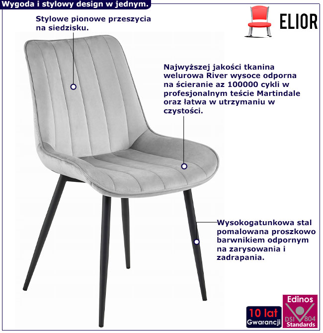 Srebrnoszare welurowe krzesło metalowe Usawa