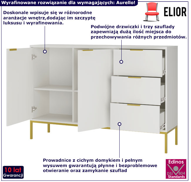 Komoda Siena 3X biały+złoty