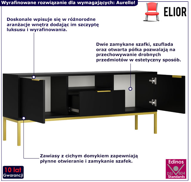 Szafka RTV 135cm Pascal 5X czarny+złoty