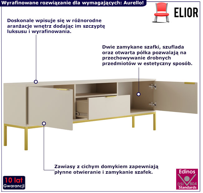 Szafka RTV 175cm  Pascal 6X kaszmir+złoty