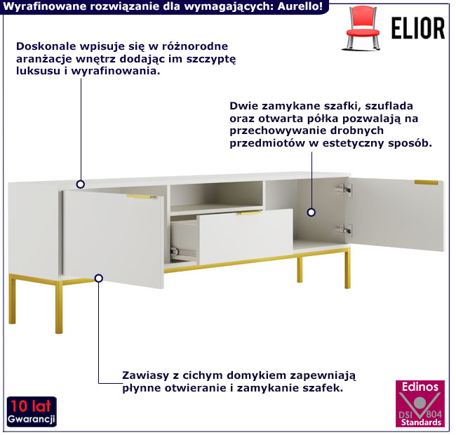 Szafka RTV 175cm  Siena 6X biały+złoty